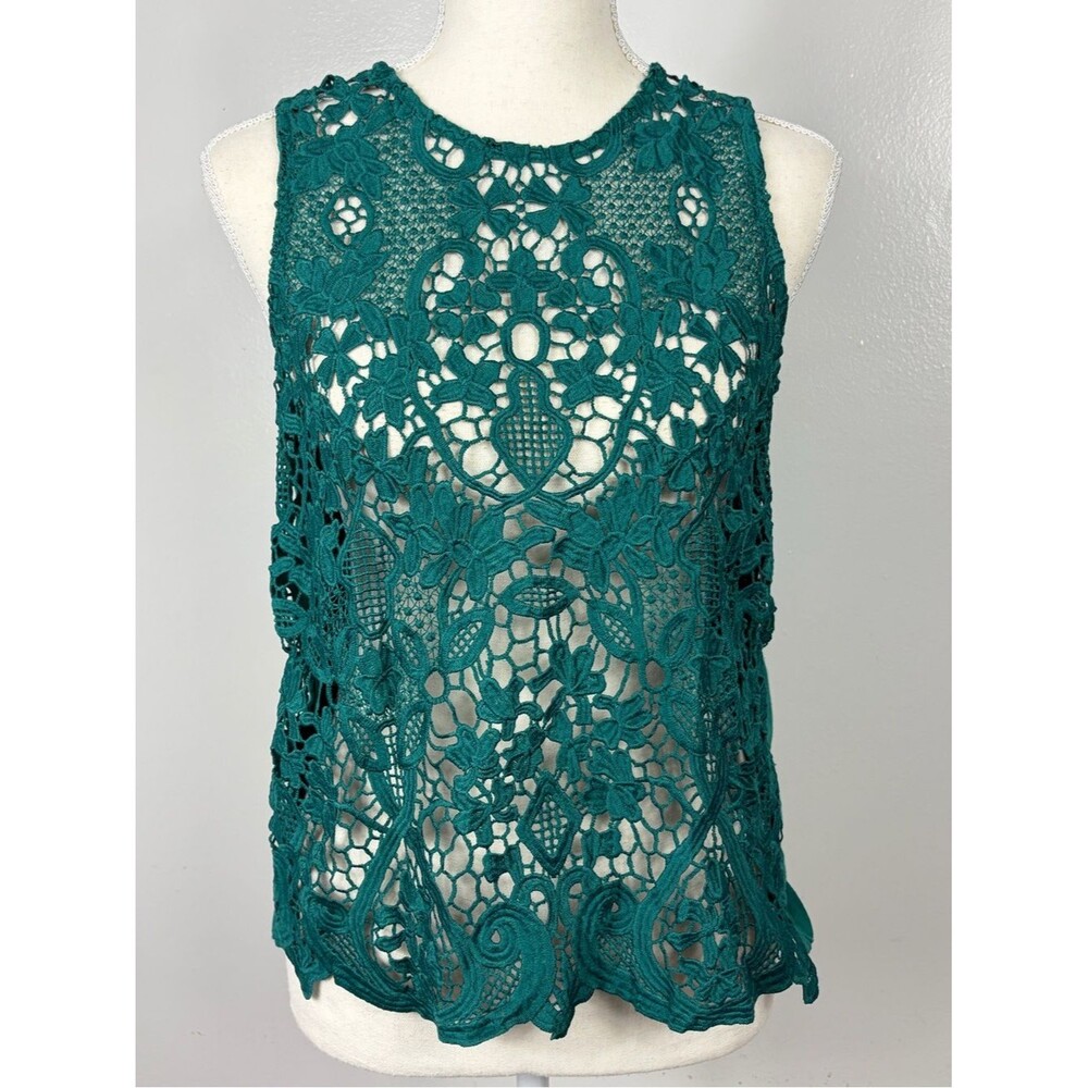 Anthropologie James Coviello Lace Crochet Sleeveless Tank Top green XS/S